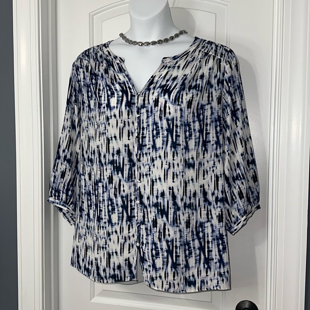 Rose and Olive 3/4 length sleeve blouse, blue, white, lavender, smocking detail